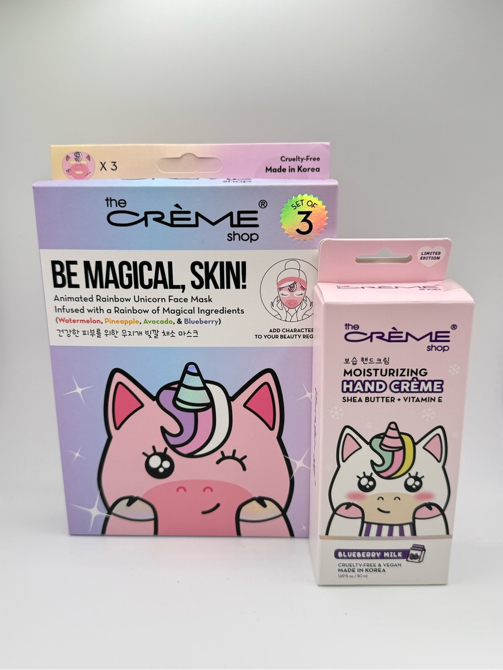 The Crème Shop Unicorn Skincare Gift Set 3 Face Masks + Blueberry Hand Cream NEW